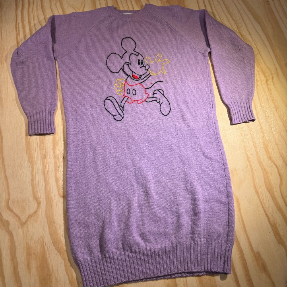 Vintage Benetton Women's Mickey Mouse Purple Knit sleeper Dress Pure Wool Size S
